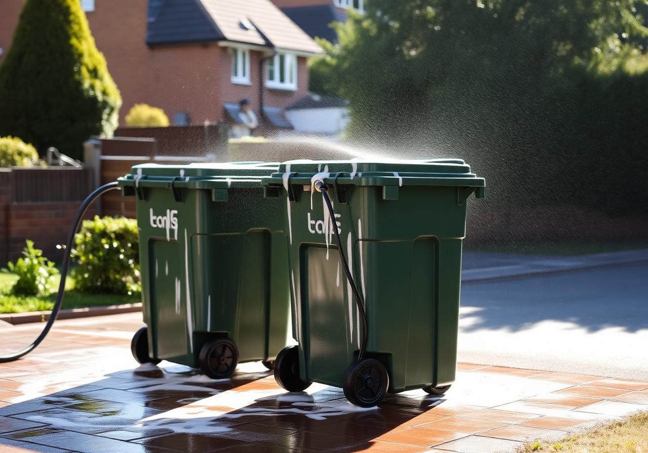 Clean wheelie bin after Colchester Gutter & Bin Co treatment, pressure washed and deodorised on the driveway.